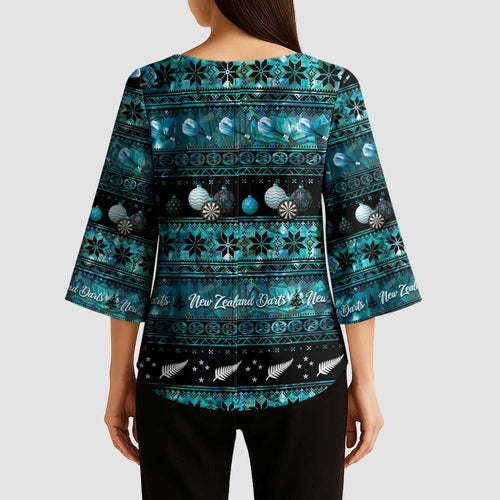 New Zealand Darts Christmas Kimono Sleeve Blouse Merry Xmas Aotearoa Maori Paua Shell - Aussie Hoodie