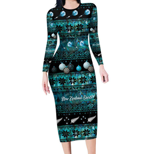 New Zealand Darts Christmas Long Sleeve Bodycon Dress Merry Xmas Aotearoa Maori Paua Shell - Aussie Hoodie