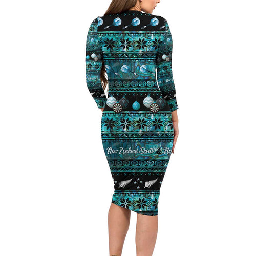 New Zealand Darts Christmas Long Sleeve Bodycon Dress Merry Xmas Aotearoa Maori Paua Shell - Aussie Hoodie