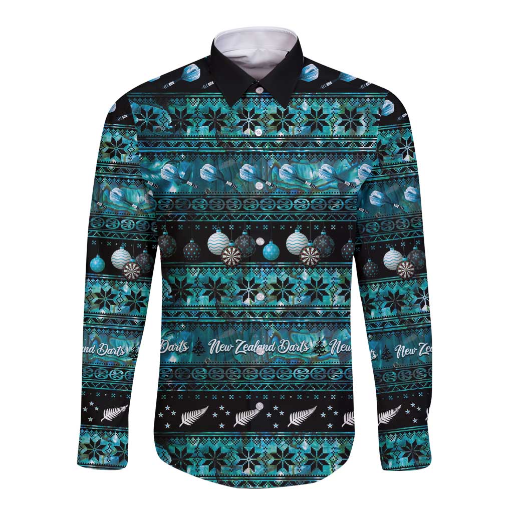 New Zealand Darts Christmas Long Sleeve Button Shirt Merry Xmas Aotearoa Maori Paua Shell - Aussie Hoodie