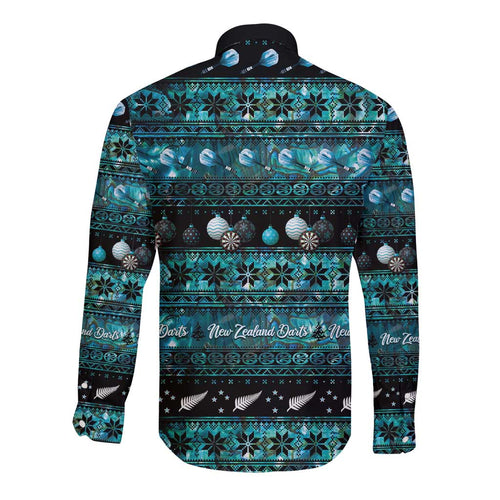 New Zealand Darts Christmas Long Sleeve Button Shirt Merry Xmas Aotearoa Maori Paua Shell - Aussie Hoodie