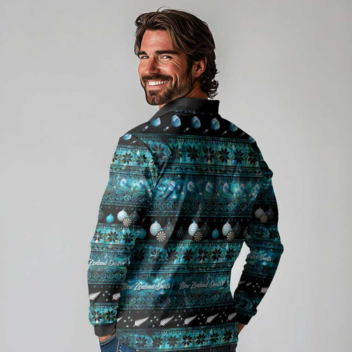 New Zealand Darts Christmas Long Sleeve Polo Shirt Merry Xmas Aotearoa Maori Paua Shell - Aussie Hoodie