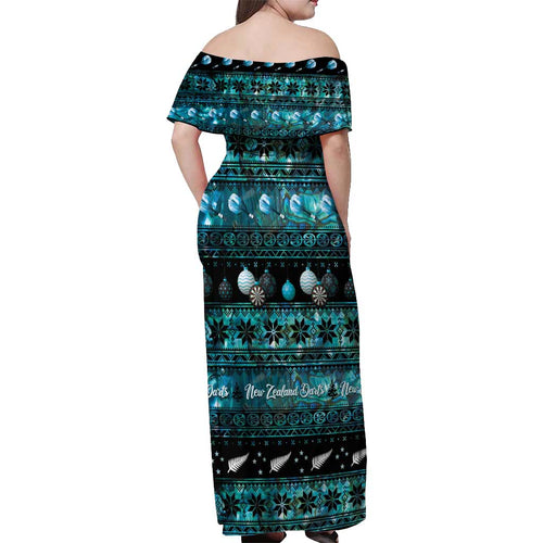 New Zealand Darts Christmas Off Shoulder Maxi Dress Merry Xmas Aotearoa Maori Paua Shell - Aussie Hoodie