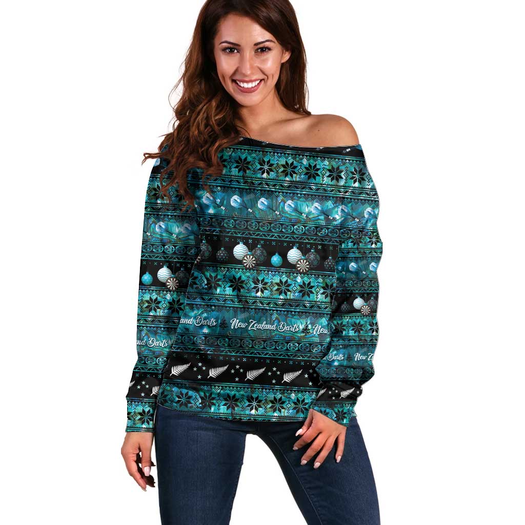 New Zealand Darts Christmas Off Shoulder Sweater Merry Xmas Aotearoa Maori Paua Shell - Aussie Hoodie