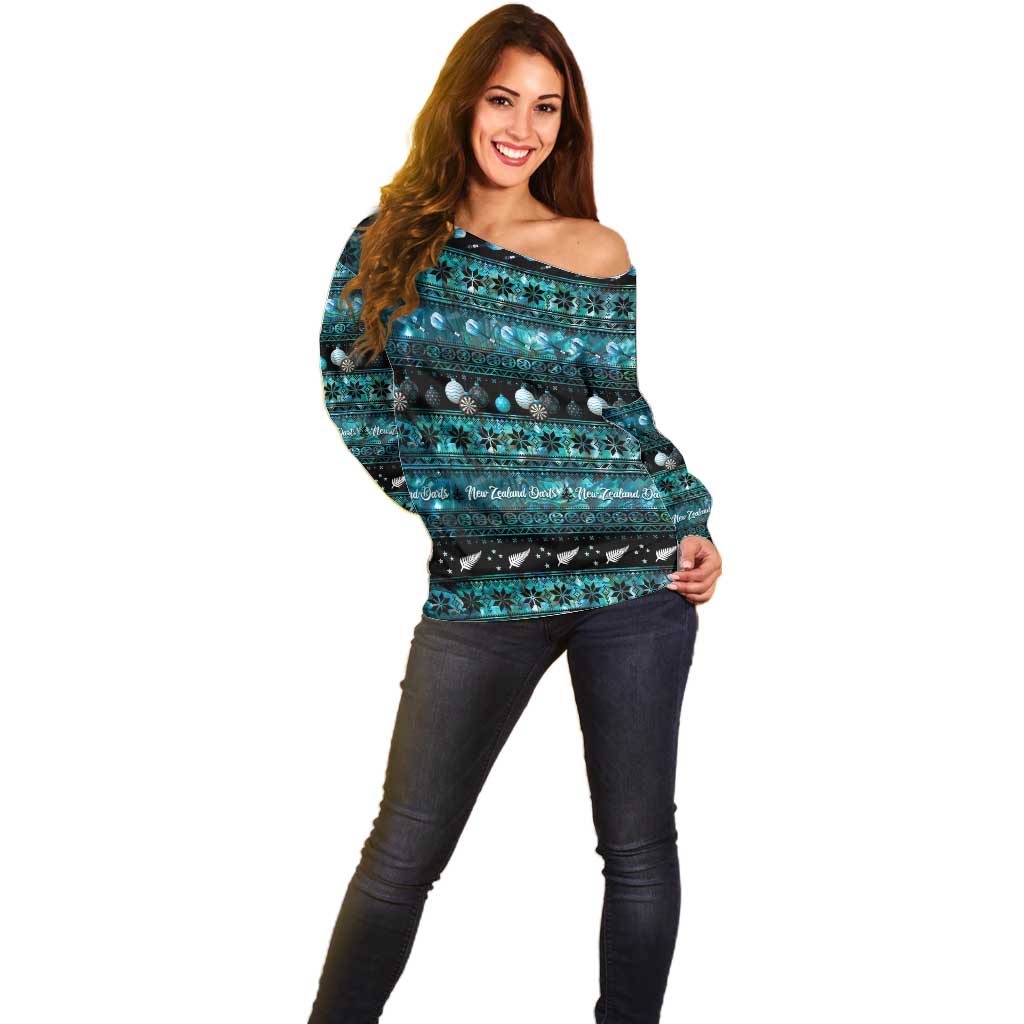 New Zealand Darts Christmas Off Shoulder Sweater Merry Xmas Aotearoa Maori Paua Shell - Aussie Hoodie