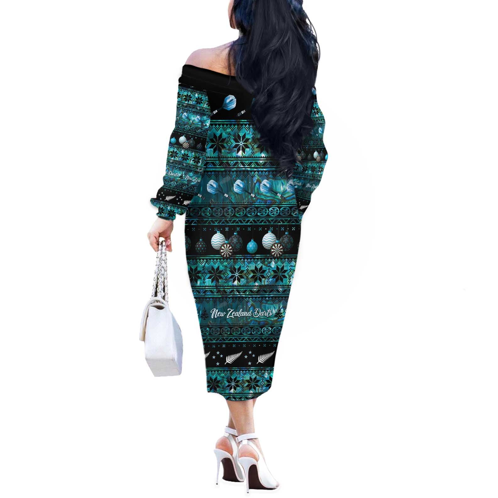 New Zealand Darts Christmas Off The Shoulder Long Sleeve Dress Merry Xmas Aotearoa Maori Paua Shell - Aussie Hoodie