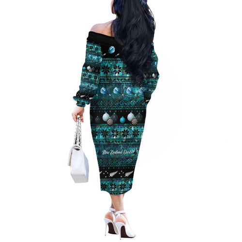 New Zealand Darts Christmas Off The Shoulder Long Sleeve Dress Merry Xmas Aotearoa Maori Paua Shell - Aussie Hoodie