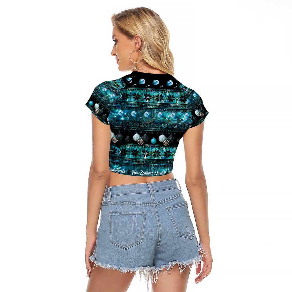 New Zealand Darts Christmas Raglan Cropped T Shirt Merry Xmas Aotearoa Maori Paua Shell - Aussie Hoodie