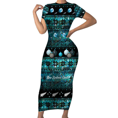 New Zealand Darts Christmas Short Sleeve Bodycon Dress Merry Xmas Aotearoa Maori Paua Shell - Aussie Hoodie