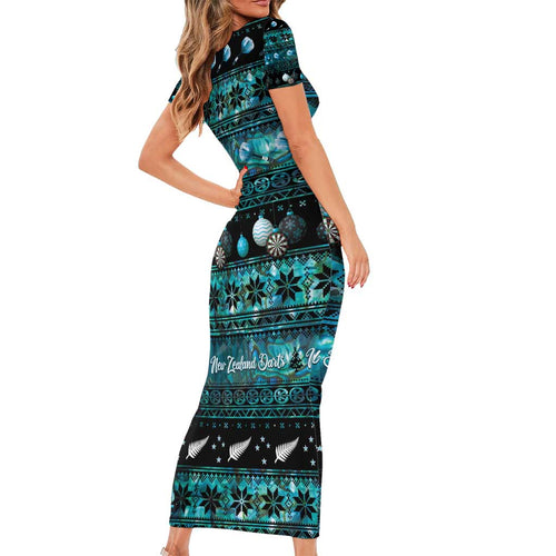 New Zealand Darts Christmas Short Sleeve Bodycon Dress Merry Xmas Aotearoa Maori Paua Shell - Aussie Hoodie