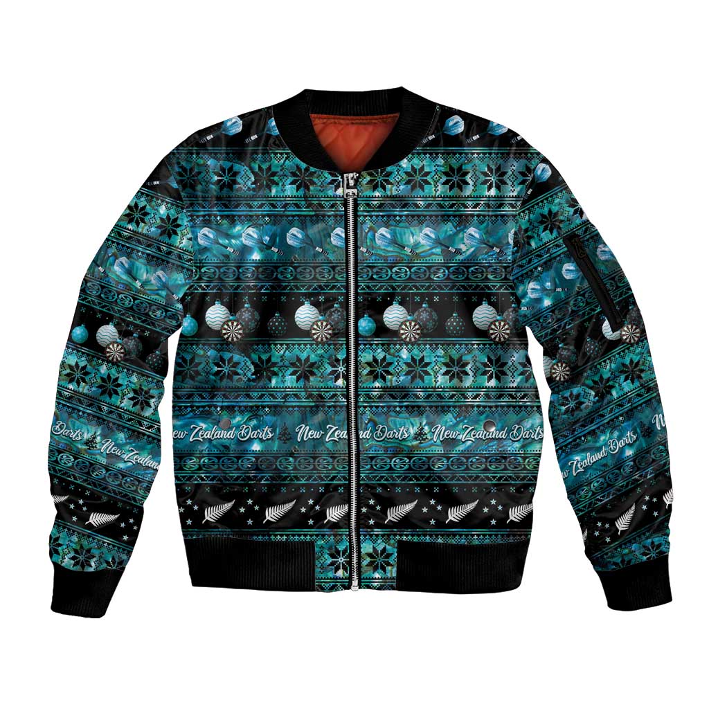 New Zealand Darts Christmas Sleeve Zip Bomber Jacket Merry Xmas Aotearoa Maori Paua Shell - Aussie Hoodie