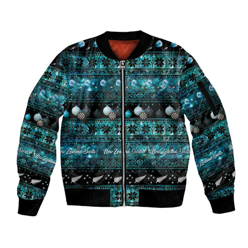 New Zealand Darts Christmas Sleeve Zip Bomber Jacket Merry Xmas Aotearoa Maori Paua Shell - Aussie Hoodie