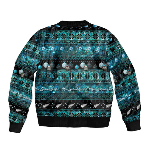 New Zealand Darts Christmas Sleeve Zip Bomber Jacket Merry Xmas Aotearoa Maori Paua Shell - Aussie Hoodie