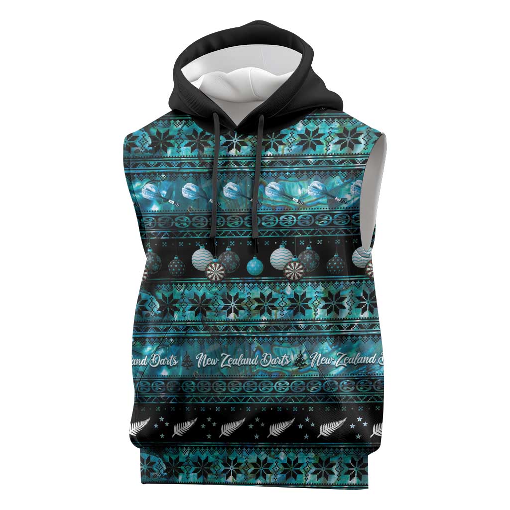 New Zealand Darts Christmas Sleeveless Hoodie Merry Xmas Aotearoa Maori Paua Shell - Aussie Hoodie