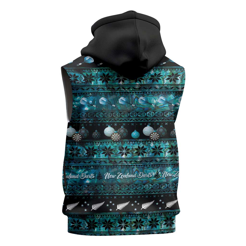 New Zealand Darts Christmas Sleeveless Hoodie Merry Xmas Aotearoa Maori Paua Shell - Aussie Hoodie