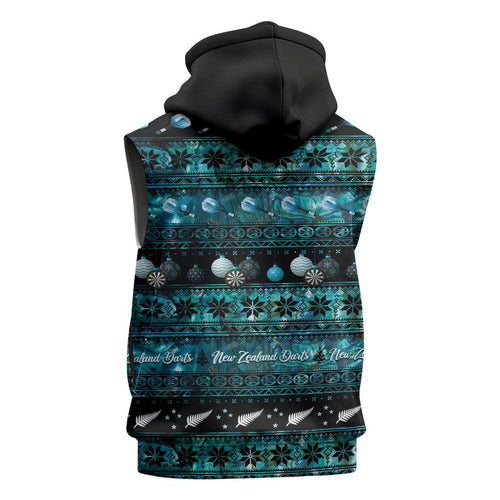 New Zealand Darts Christmas Sleeveless Hoodie Merry Xmas Aotearoa Maori Paua Shell - Aussie Hoodie