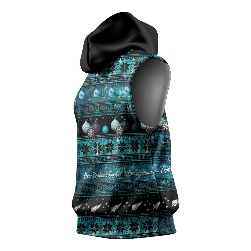 New Zealand Darts Christmas Sleeveless Hoodie Merry Xmas Aotearoa Maori Paua Shell - Aussie Hoodie