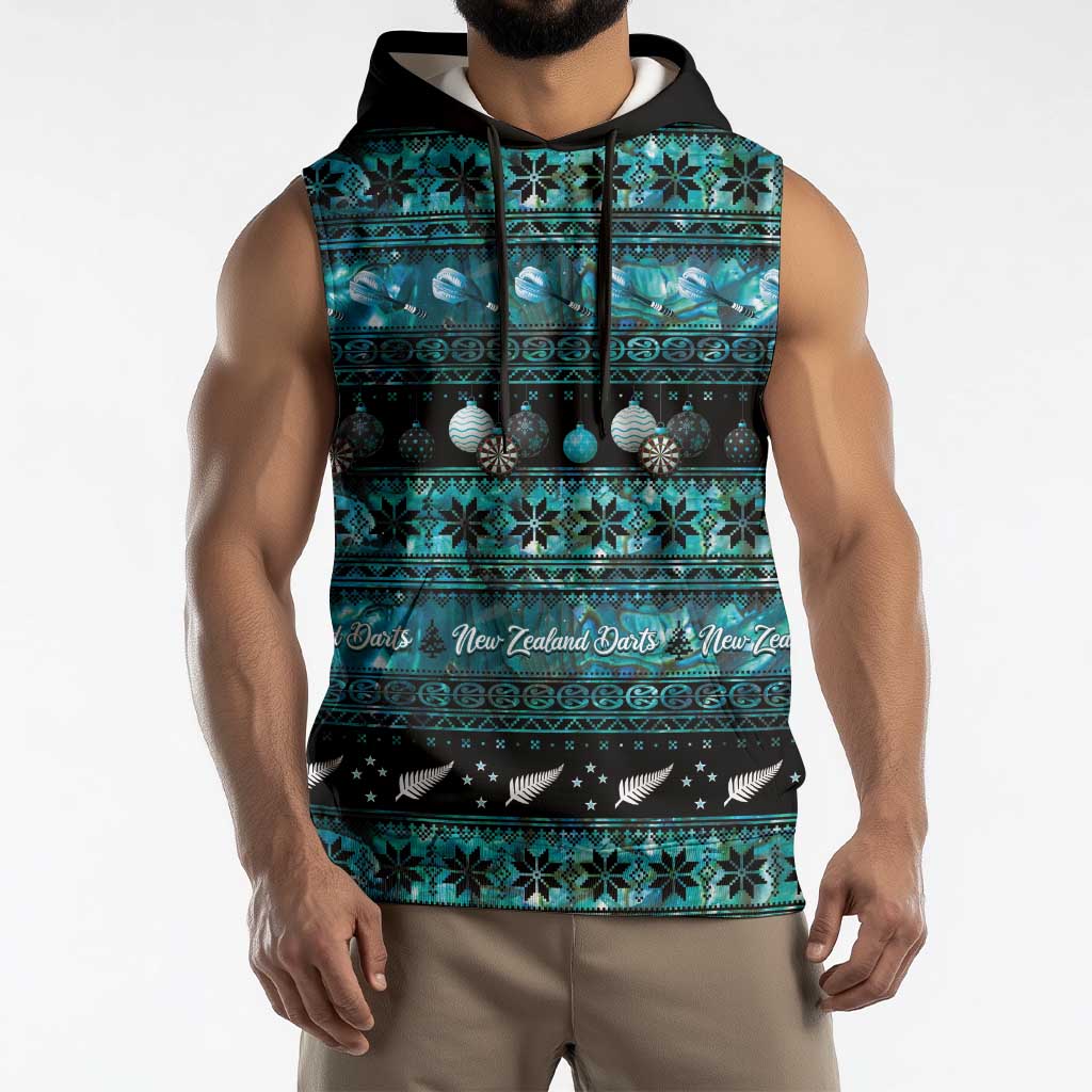 New Zealand Darts Christmas Sleeveless Hoodie Merry Xmas Aotearoa Maori Paua Shell - Aussie Hoodie