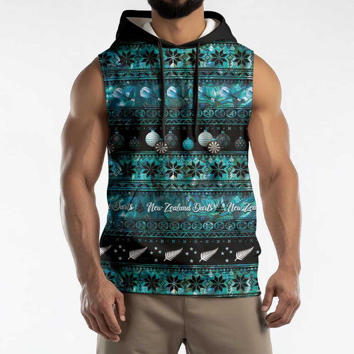 New Zealand Darts Christmas Sleeveless Hoodie Merry Xmas Aotearoa Maori Paua Shell - Aussie Hoodie