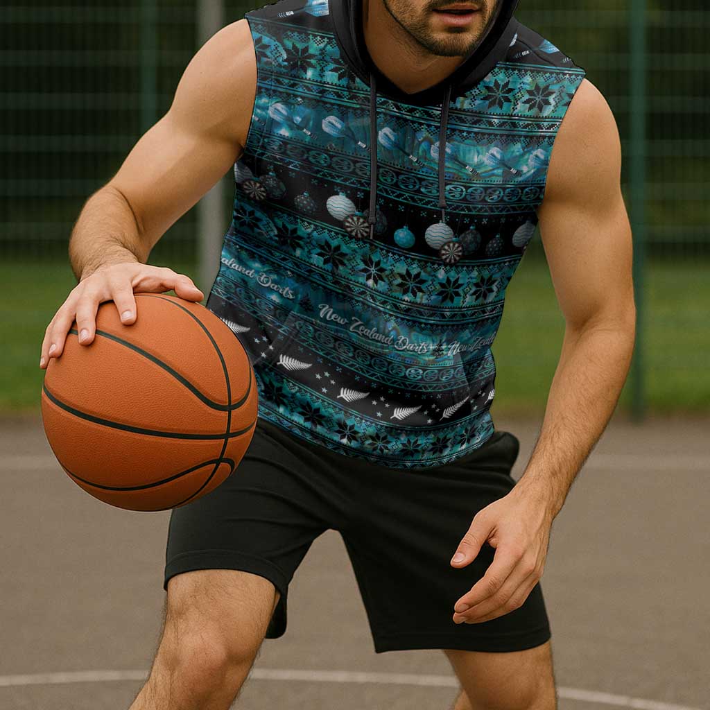 New Zealand Darts Christmas Sleeveless Hoodie Merry Xmas Aotearoa Maori Paua Shell - Aussie Hoodie