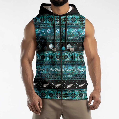 New Zealand Darts Christmas Sleeveless Zip Hoodie Merry Xmas Aotearoa Maori Paua Shell LT14