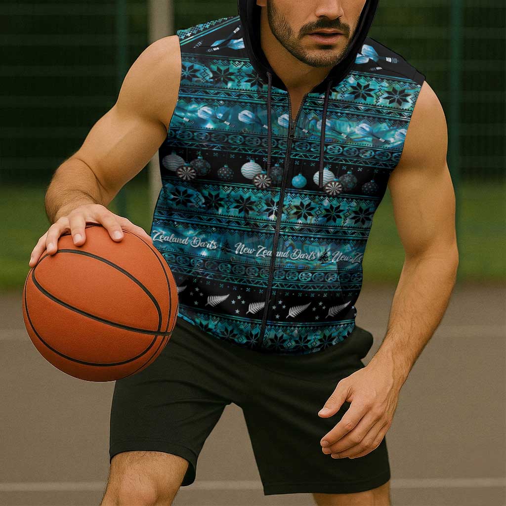 New Zealand Darts Christmas Sleeveless Zip Hoodie Merry Xmas Aotearoa Maori Paua Shell LT14