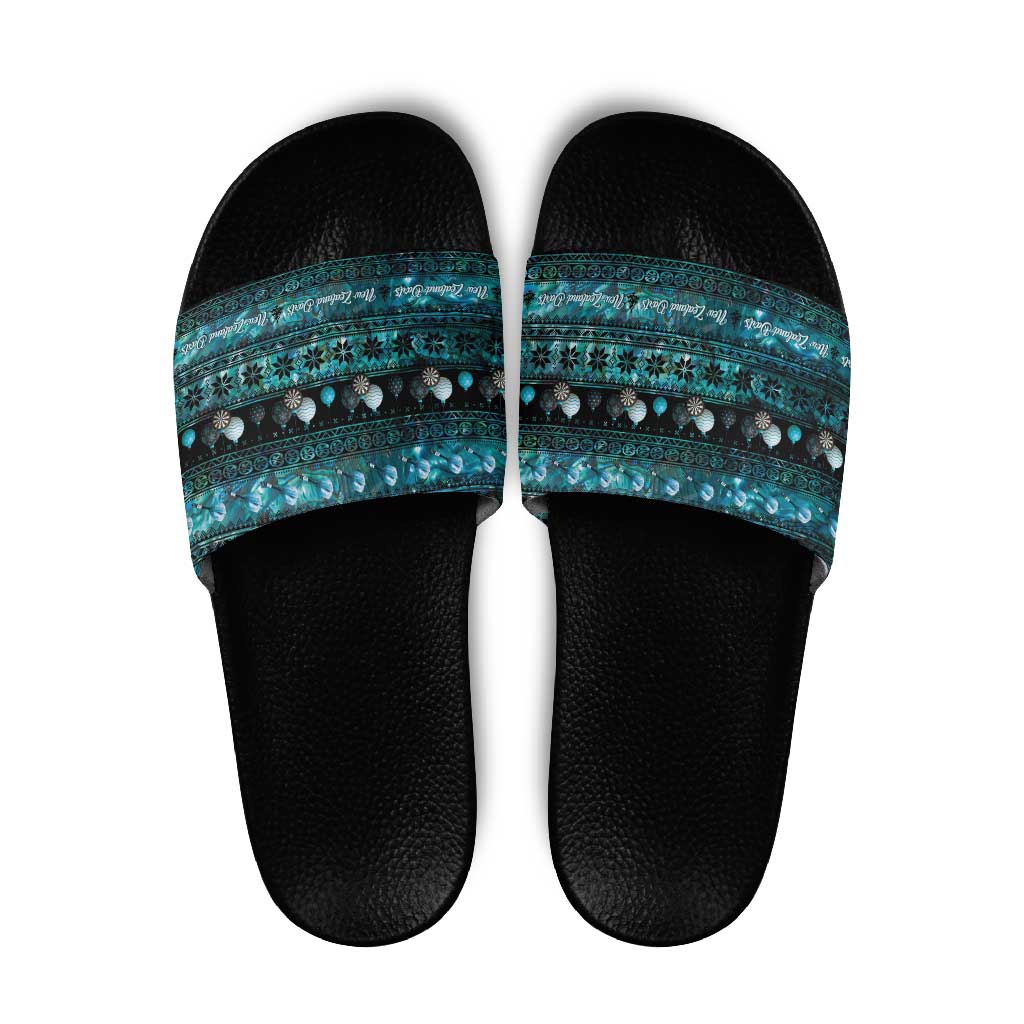 New Zealand Darts Christmas Slide Sandals Merry Xmas Aotearoa Maori Paua Shell - Aussie Hoodie
