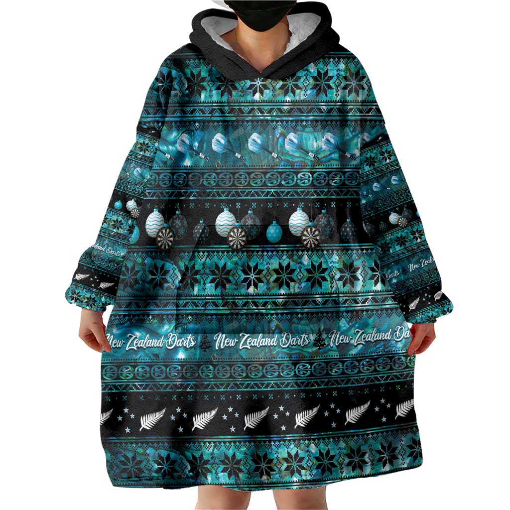 New Zealand Darts Christmas Wearable Blanket Hoodie Merry Xmas Aotearoa Maori Paua Shell - Aussie Hoodie