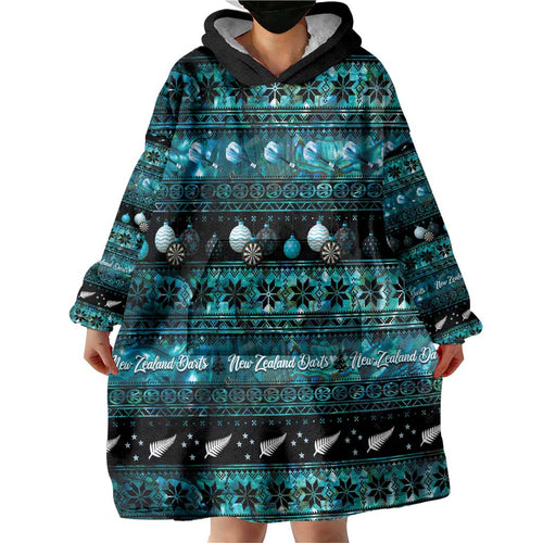 New Zealand Darts Christmas Wearable Blanket Hoodie Merry Xmas Aotearoa Maori Paua Shell - Aussie Hoodie
