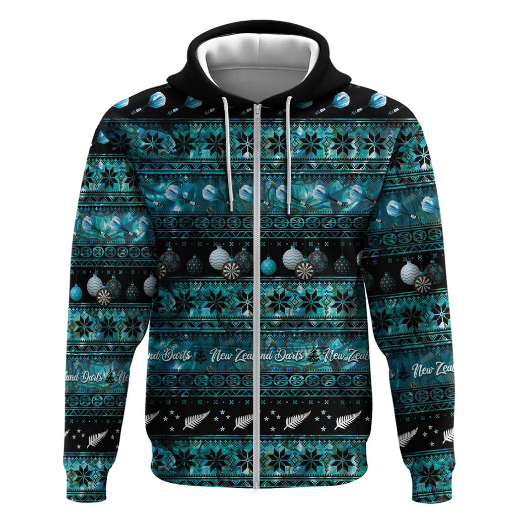 New Zealand Darts Christmas Zip Hoodie Merry Xmas Aotearoa Maori Paua Shell - Aussie Hoodie