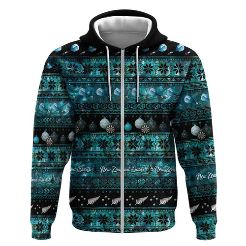 New Zealand Darts Christmas Zip Hoodie Merry Xmas Aotearoa Maori Paua Shell - Aussie Hoodie