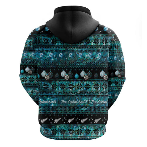 New Zealand Darts Christmas Zip Hoodie Merry Xmas Aotearoa Maori Paua Shell - Aussie Hoodie