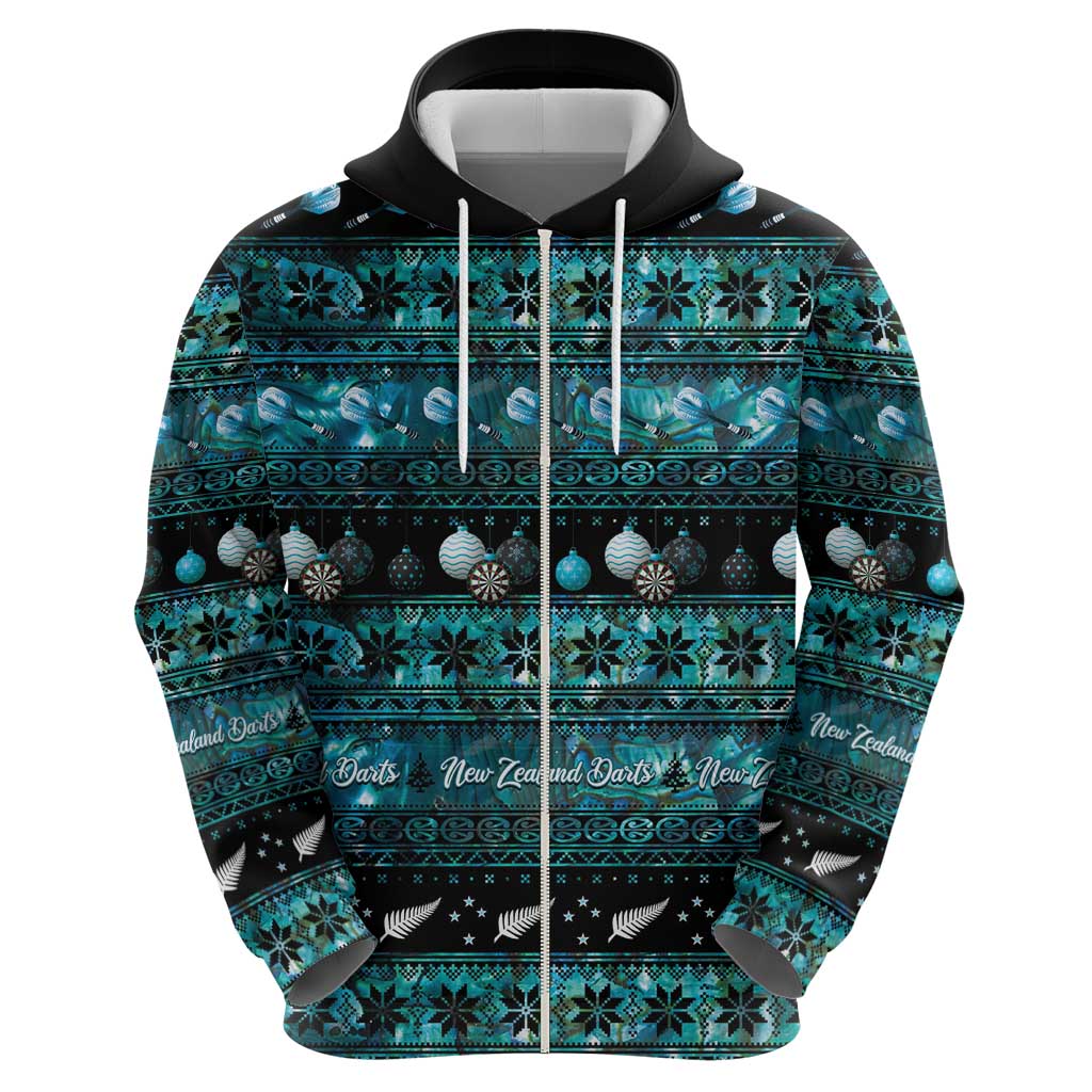 New Zealand Darts Christmas Zip Hoodie Merry Xmas Aotearoa Maori Paua Shell - Aussie Hoodie