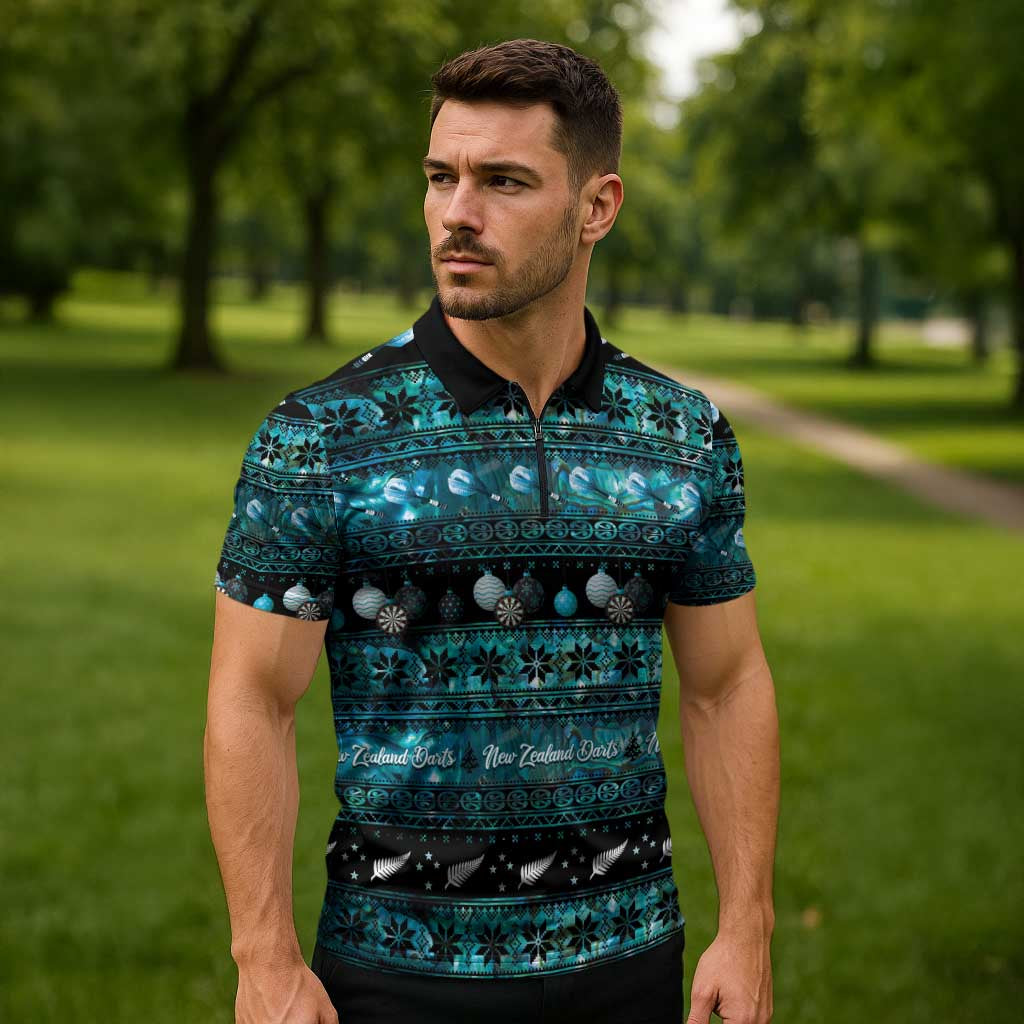New Zealand Darts Christmas Zipper Polo Shirt Merry Xmas Aotearoa Maori Paua Shell - Aussie Hoodie