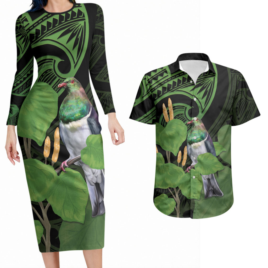 Kawakawa Rongoa Maori Kereru New Zealand Couples Matching Long Sleeve Bodycon Dress and Hawaiian Shirt