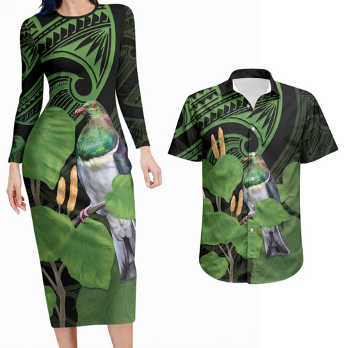 Kawakawa Rongoa Maori Kereru New Zealand Couples Matching Long Sleeve Bodycon Dress and Hawaiian Shirt