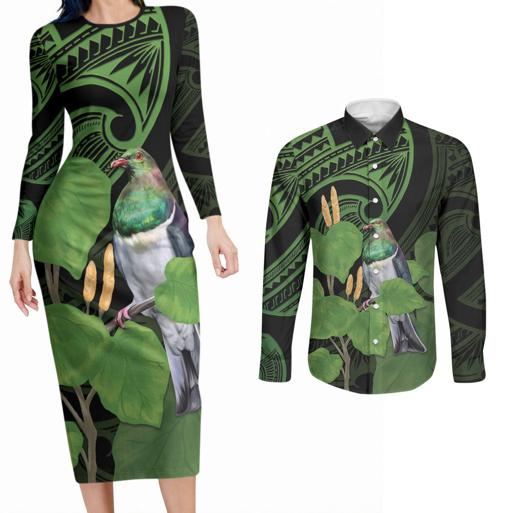 Kawakawa Rongoa Maori Kereru New Zealand Couples Matching Long Sleeve Bodycon Dress and Long Sleeve Button Shirt