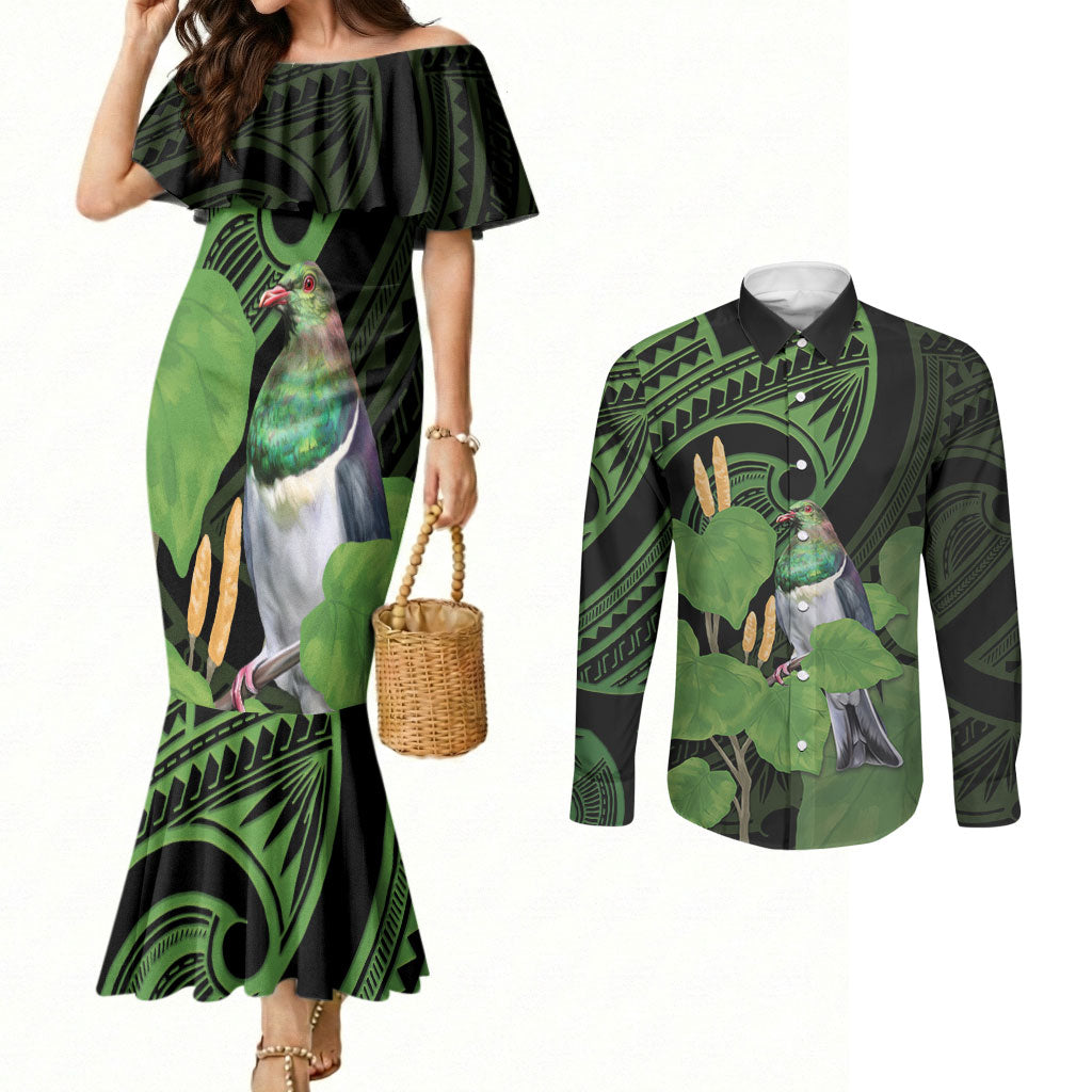 Kawakawa Rongoa Maori Kereru New Zealand Couples Matching Mermaid Dress and Long Sleeve Button Shirt