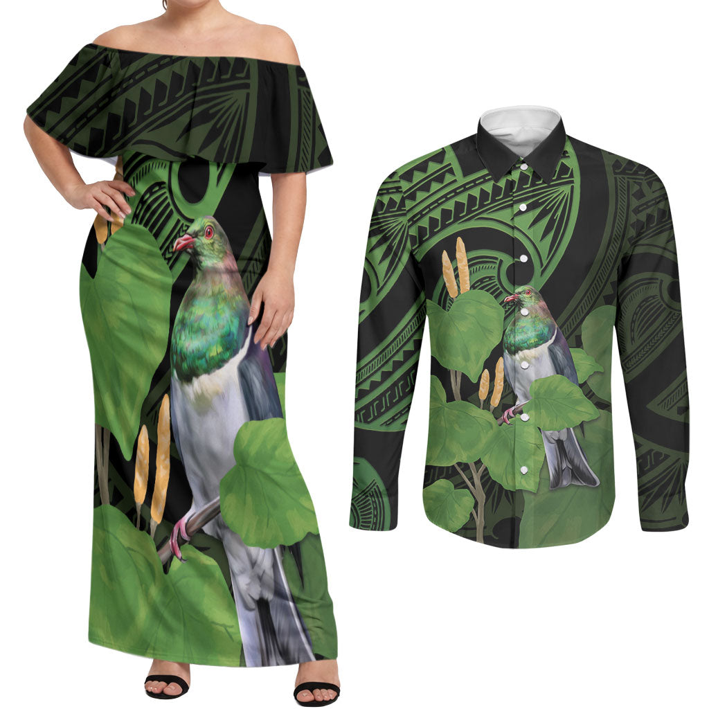 Kawakawa Rongoa Maori Kereru New Zealand Couples Matching Off Shoulder Maxi Dress and Long Sleeve Button Shirt