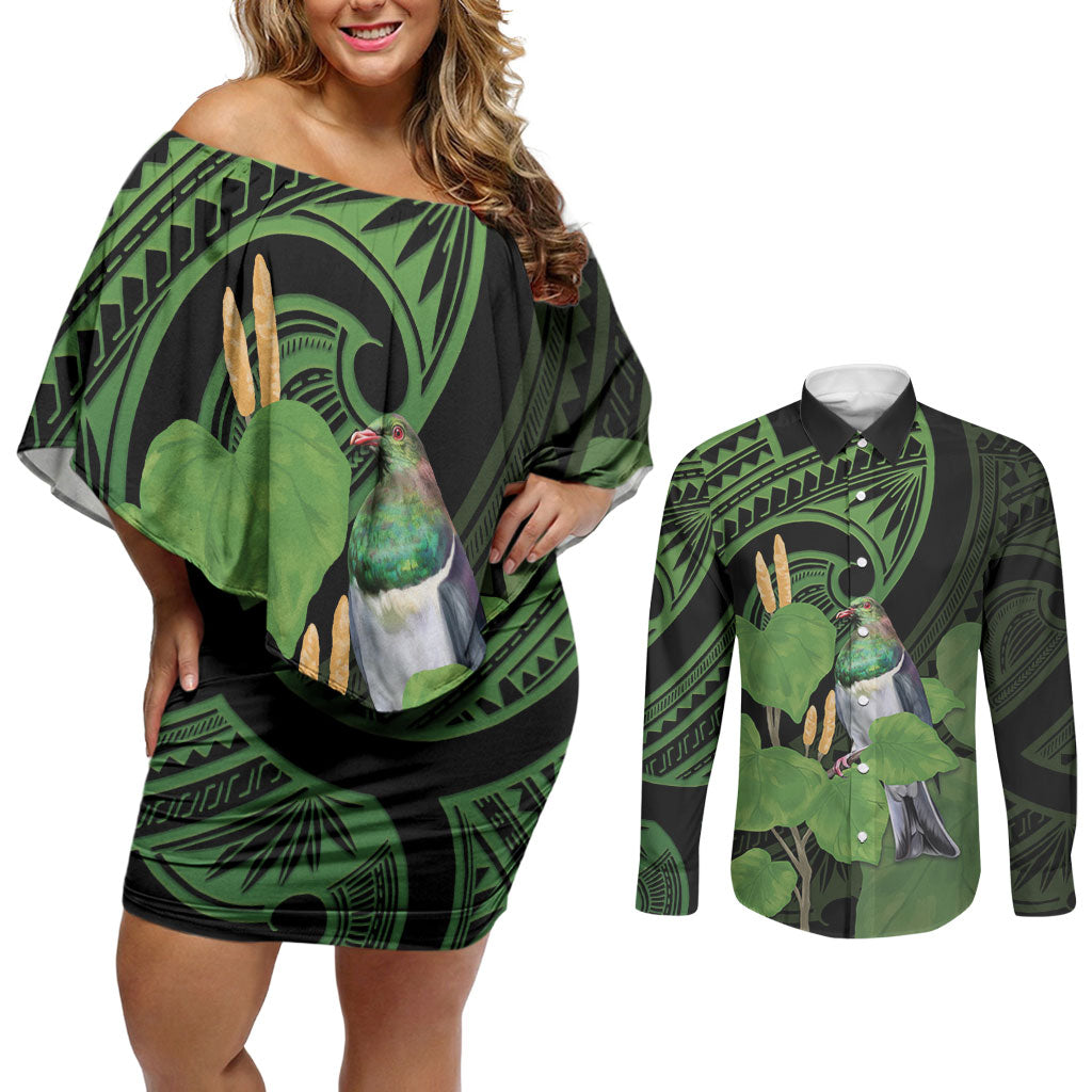 Kawakawa Rongoa Maori Kereru New Zealand Couples Matching Off Shoulder Short Dress and Long Sleeve Button Shirt