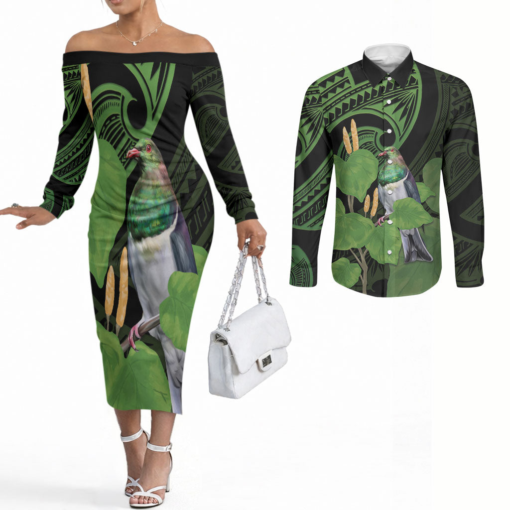 Kawakawa Rongoa Maori Kereru New Zealand Couples Matching Off The Shoulder Long Sleeve Dress and Long Sleeve Button Shirt