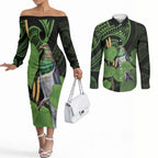 Kawakawa Rongoa Maori Kereru New Zealand Couples Matching Off The Shoulder Long Sleeve Dress and Long Sleeve Button Shirt