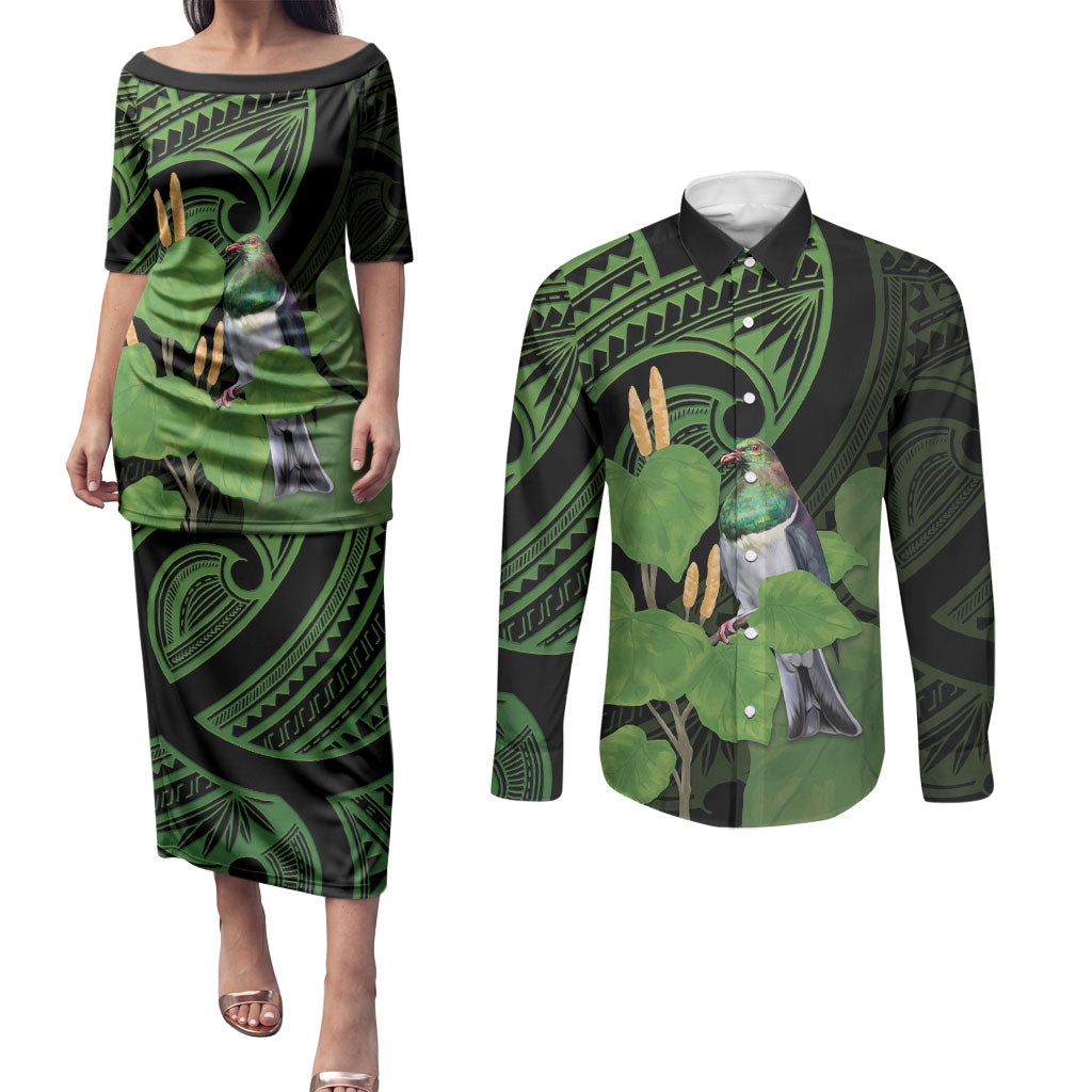 Kawakawa Rongoa Maori Kereru New Zealand Couples Matching Puletasi and Long Sleeve Button Shirt