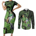 Kawakawa Rongoa Maori Kereru New Zealand Couples Matching Short Sleeve Bodycon Dress and Long Sleeve Button Shirt