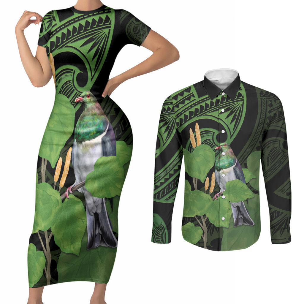 Kawakawa Rongoa Maori Kereru New Zealand Couples Matching Short Sleeve Bodycon Dress and Long Sleeve Button Shirt