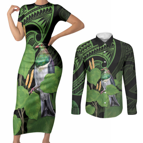 Kawakawa Rongoa Maori Kereru New Zealand Couples Matching Short Sleeve Bodycon Dress and Long Sleeve Button Shirt