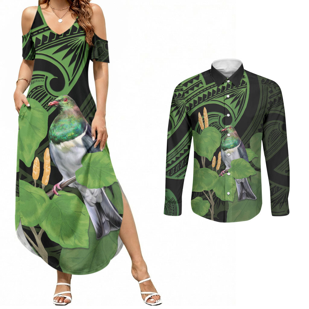 Kawakawa Rongoa Maori Kereru New Zealand Couples Matching Summer Maxi Dress and Long Sleeve Button Shirt