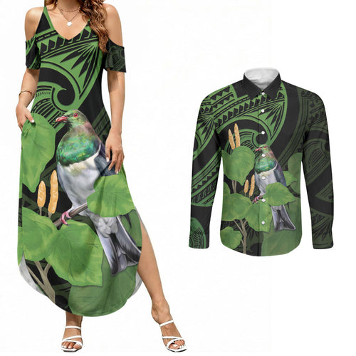 Kawakawa Rongoa Maori Kereru New Zealand Couples Matching Summer Maxi Dress and Long Sleeve Button Shirt