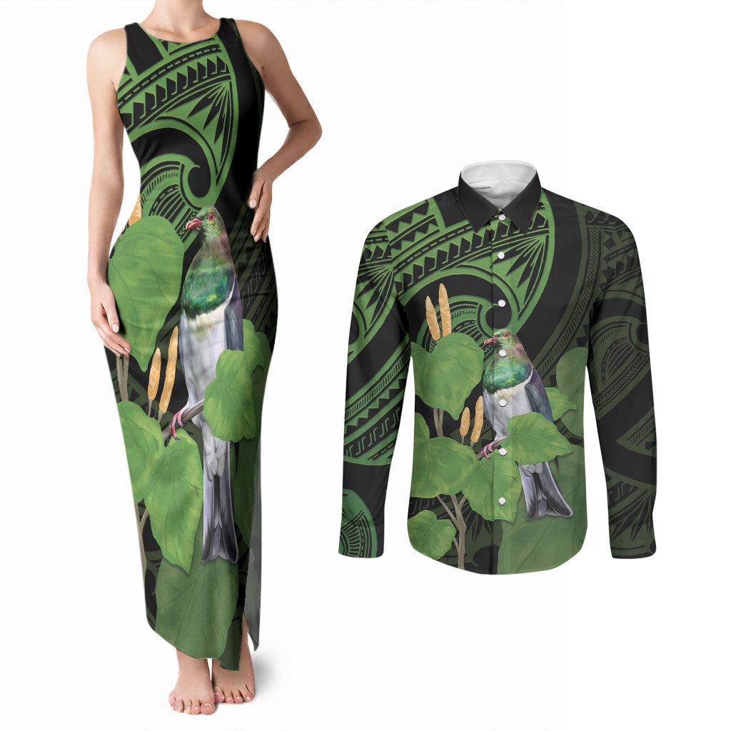 Kawakawa Rongoa Maori Kereru New Zealand Couples Matching Tank Maxi Dress and Long Sleeve Button Shirt