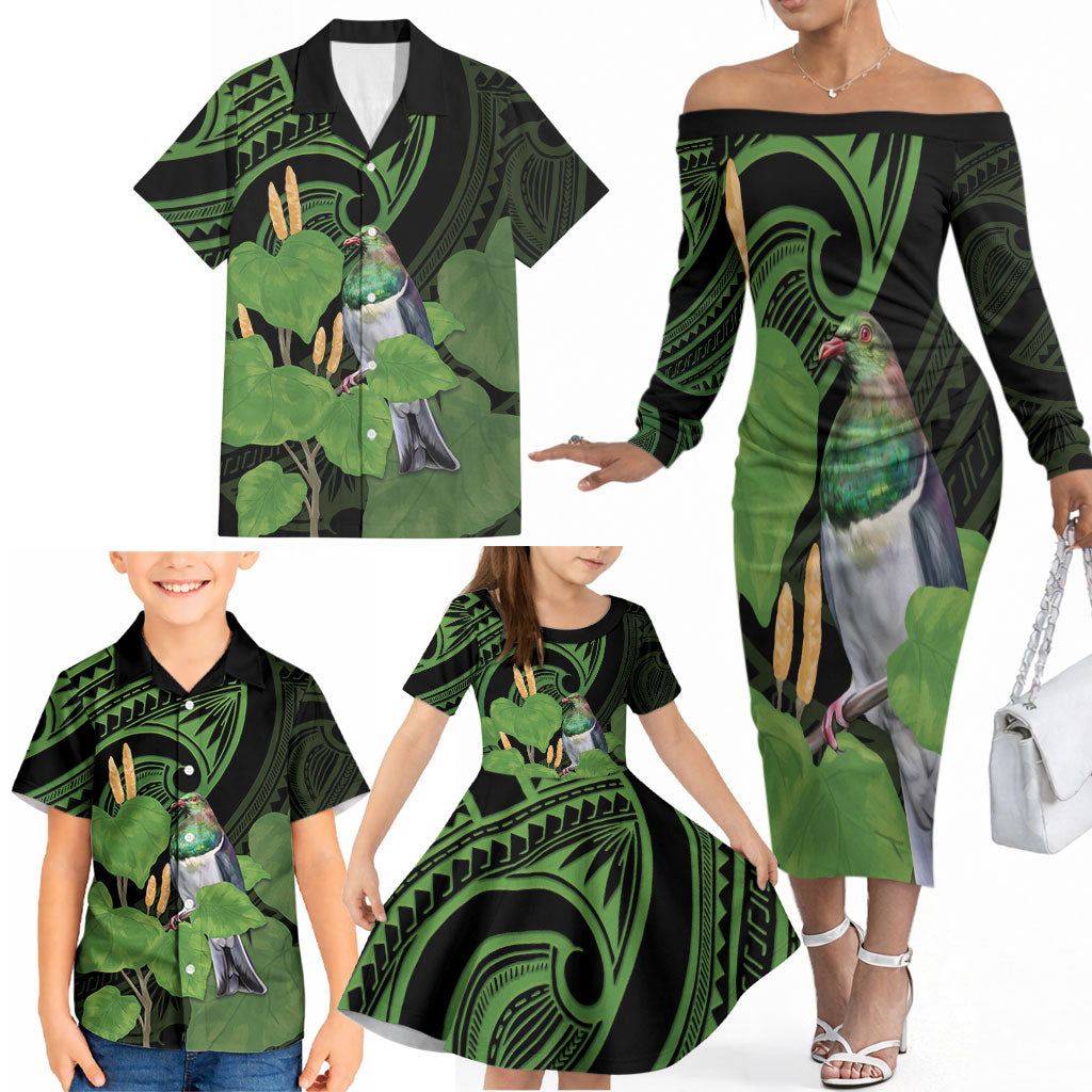 Kawakawa Rongoa Maori Kereru New Zealand Family Matching Off The Shoulder Long Sleeve Dress and Hawaiian Shirt